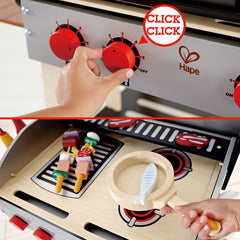 Hape Gourmet Grill electric burners simulate sizzling cooking during pretend meals.