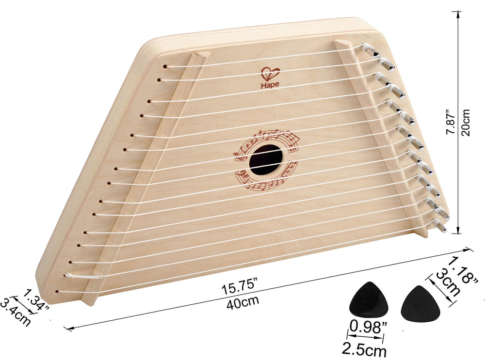 Hape Happy Harp tuning wrench and song sheets support easy setup and guided practice.