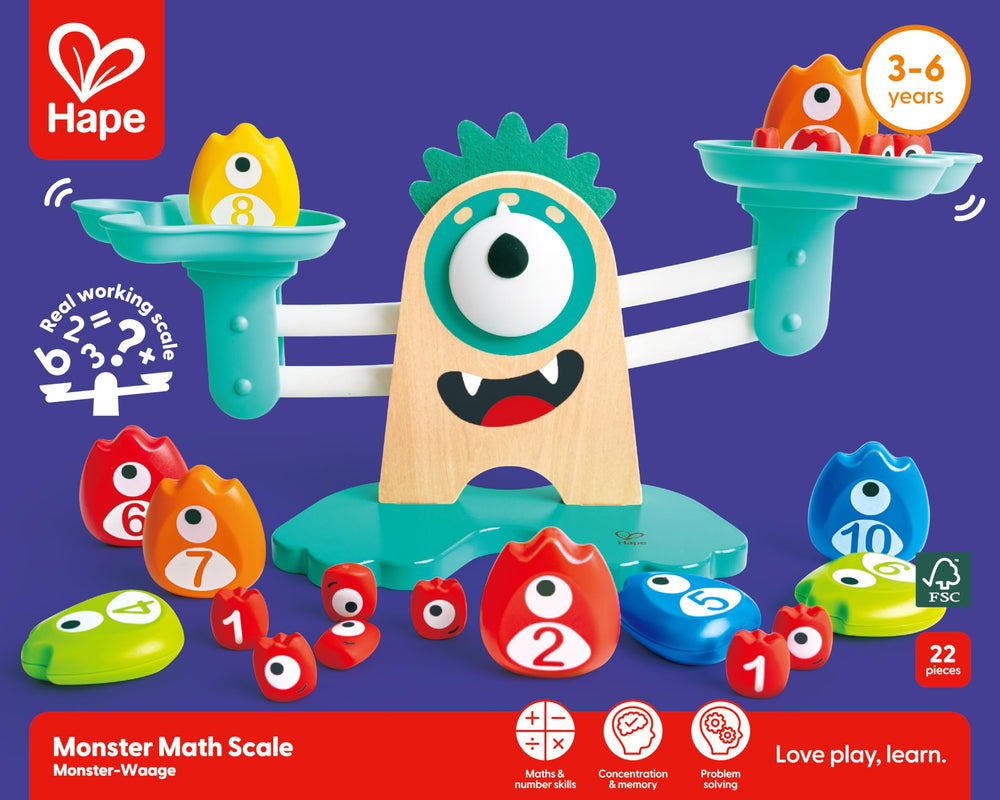 Hape Math Monster Scale built with wood and water-based paint for safety.