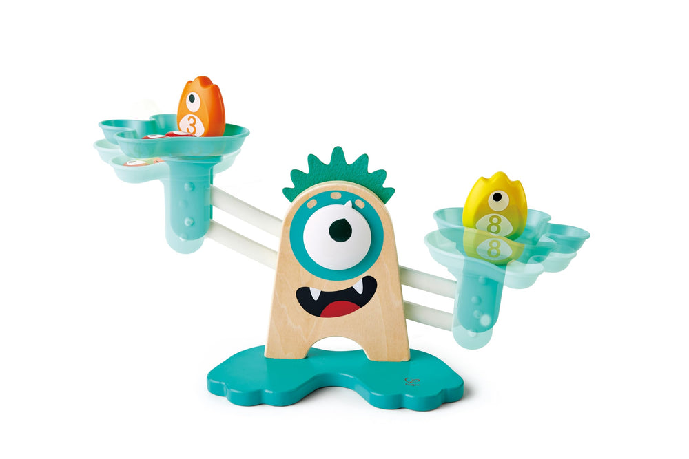 Hape Math Monster Scale large weights demonstrate balance concepts for early math.