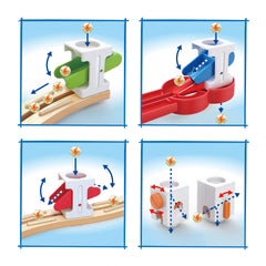Hape wooden pieces highlight quality craftsmanship and sustainable sourcing for durable construction.