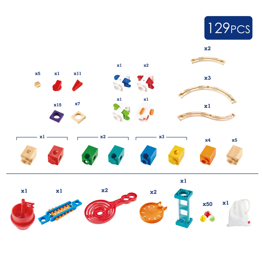 Hape marble imagery shows vibrant colors to engage early color recognition during play.