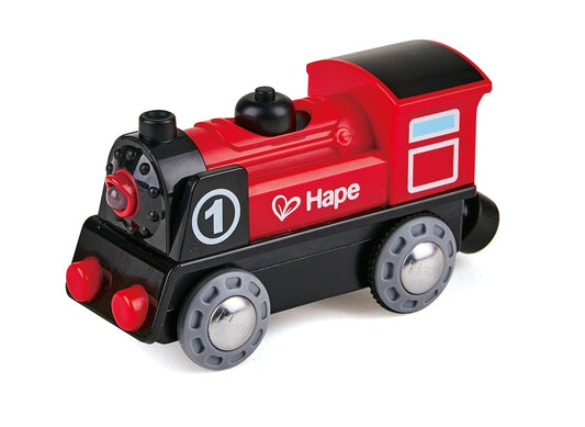 Hape Railway Battery Powered Train front view with lights for engaging imaginative play.
