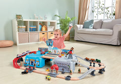 Hape bucket panels form a colorful city backdrop for imaginative play