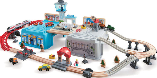 Hape Super Cityscape Transport Bucket Set train with battery engine for engaging play
