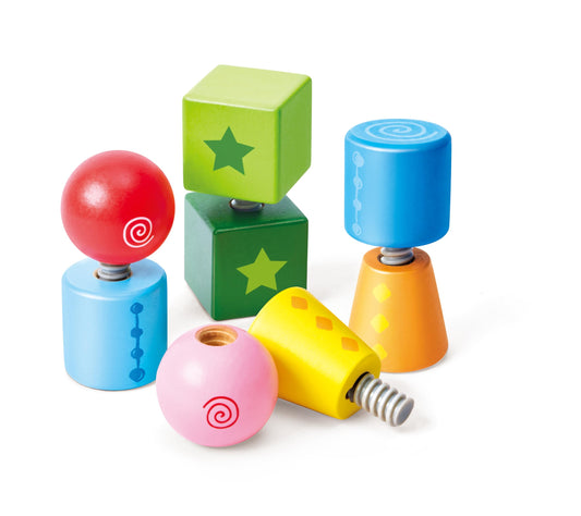Hape Twist and Turnables blocks for assembly on a table, boosting fine motor skills