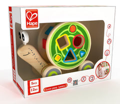 Hape Walk-A-Long Snail packaging highlights award-winning design and safety features