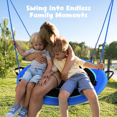 Family enjoying Hapfan swing in a blue setup outdoors