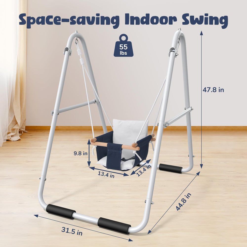 Hapfan safety-harness feature keeps toddlers buckled securely during playful swinging.