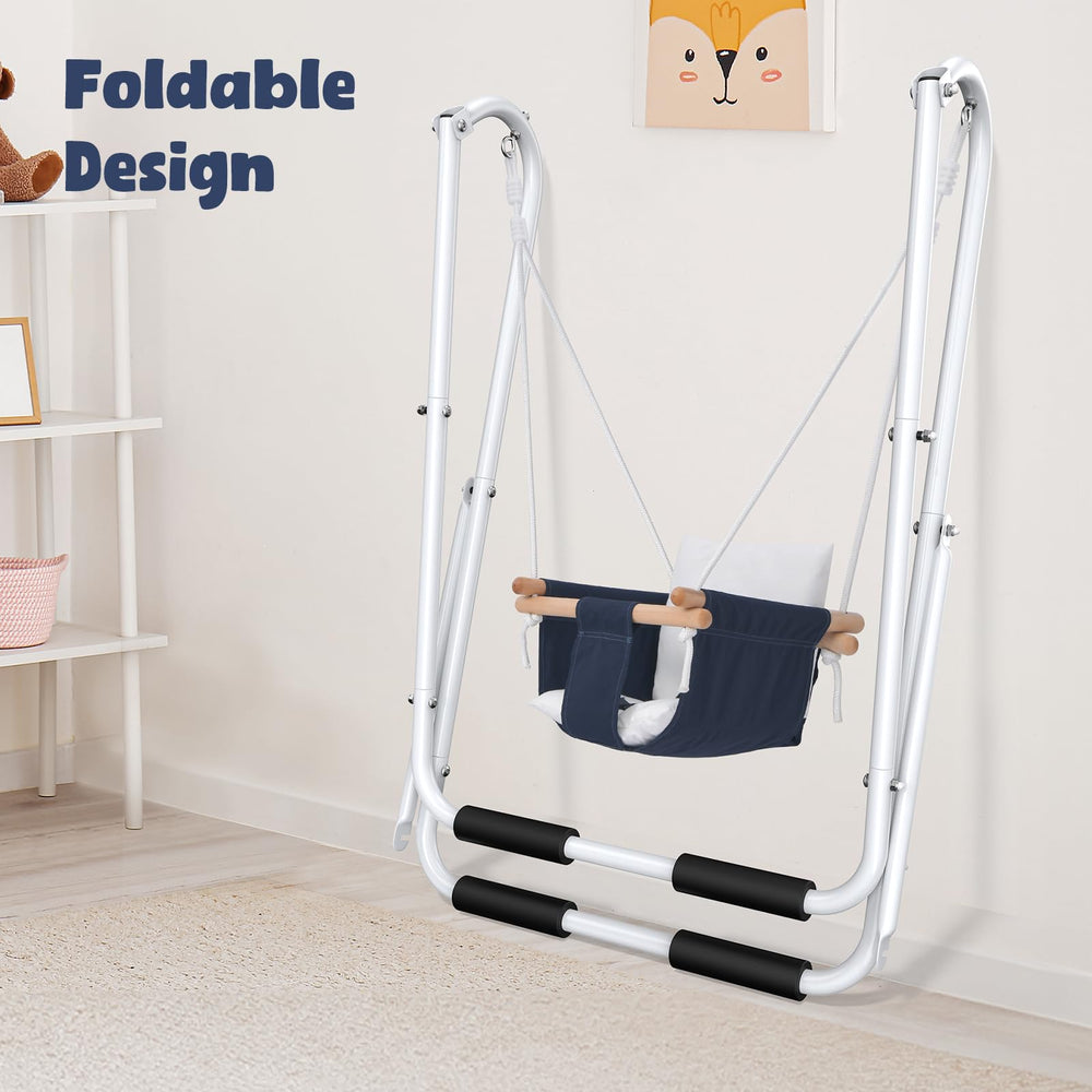 Hapfan indoor-outdoor swing shows compact design that saves space when stored.