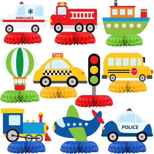 HaPiBiDesign transportation honeycomb centerpiece for quick, reusable party setup