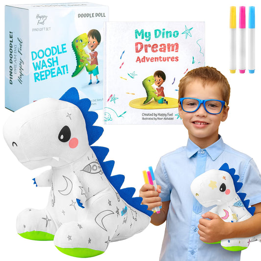Happy Fuel T-Rex Plush Coloring Gift Set for kids, a vibrant coloring session.