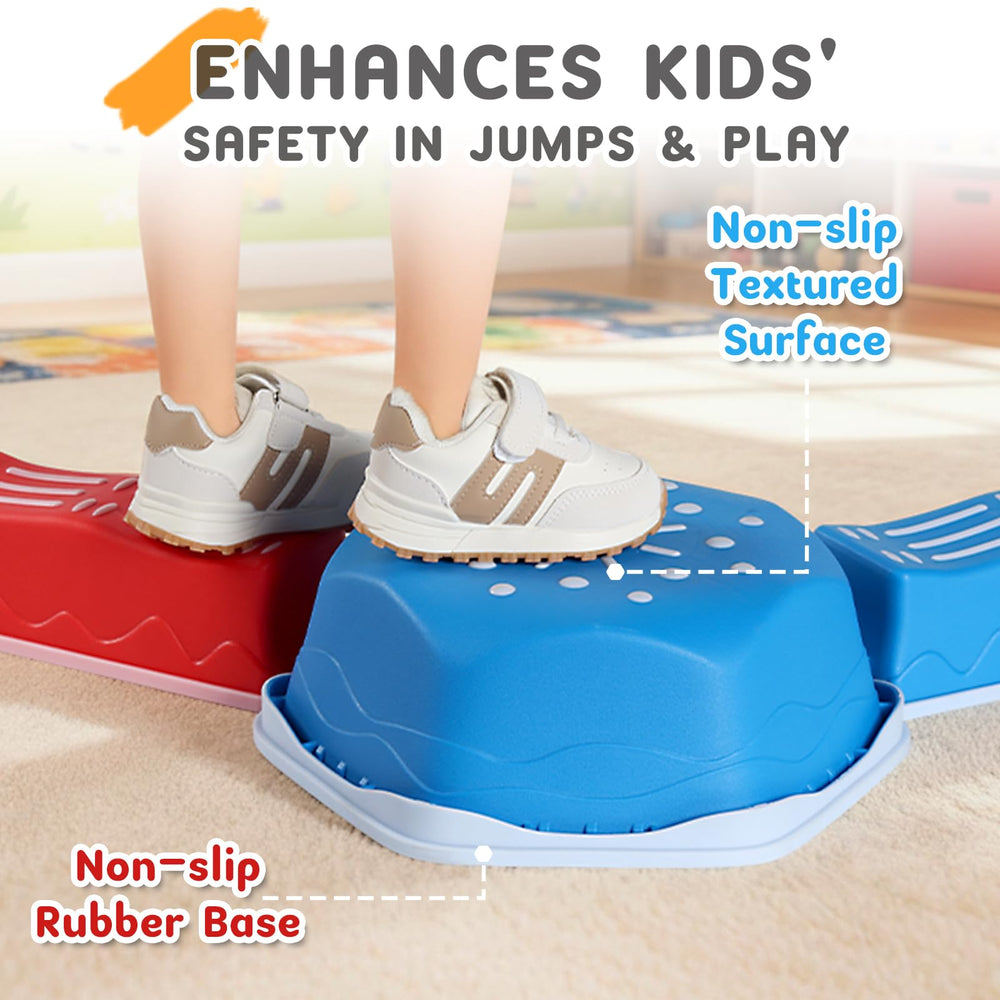 Kids playing on HappyField balance course indoors and outdoors.