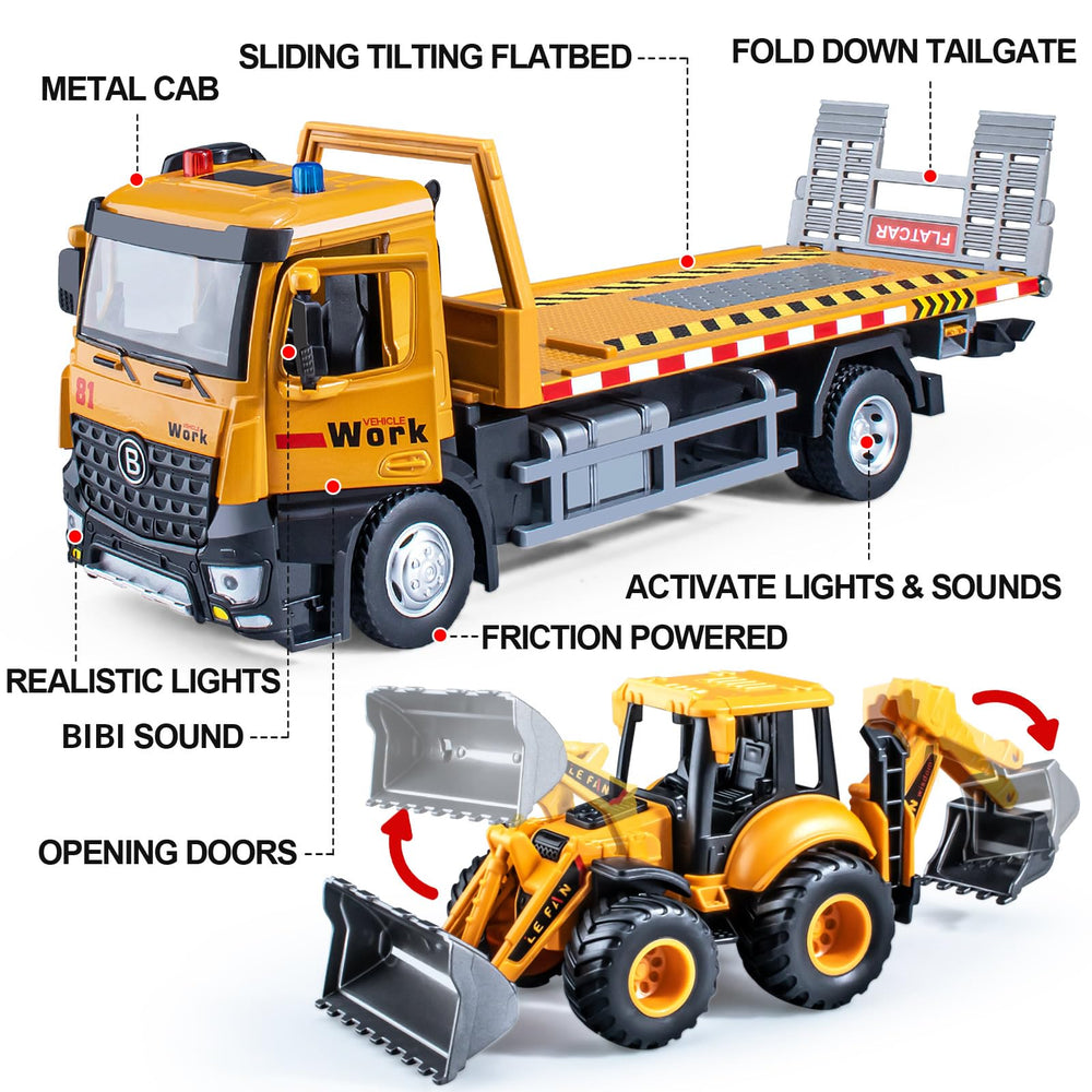HAPYAD Tow Truck Toy Backhoe Loader with movable arm for digging