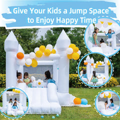 HapyBoucy white bounce house with slide enables active play for toddlers.