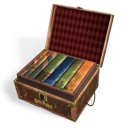 Harry Potter seven-book set in a collectible trunk chest for stylish display.