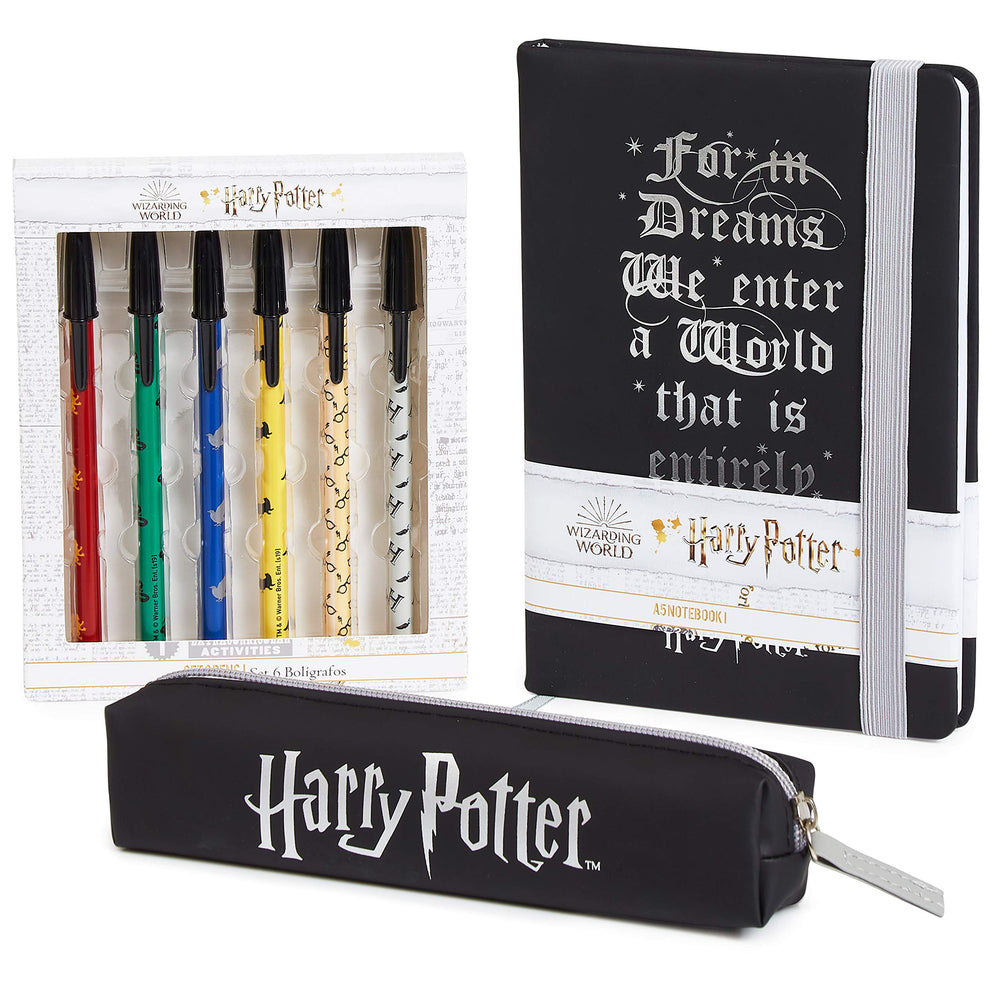 Harry Potter stationery set notebook front view showing Hogwarts-inspired design and lines for notes