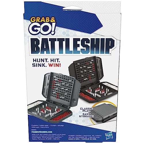 Hasbro Battleship Grab and Go ships and pegs storage neatly organized for mess-free play.