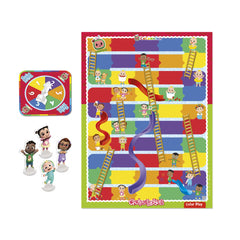 Hasbro Gaming Chutes and Ladders CoComelon Edition character pawns JJ CeCe Cody Bella ready for play.