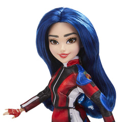 Close-up of Evie’s face highlighting bold fashion details