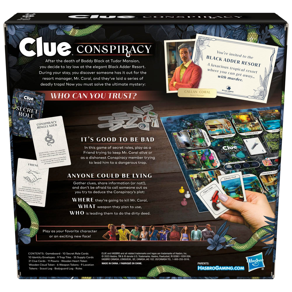 Hasbro Gaming Clue Conspiracy players at table for social deduction fun.