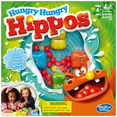 Hasbro Gaming Hungry Hungry Hippos board with hippos ready for action, ideal for family game night.