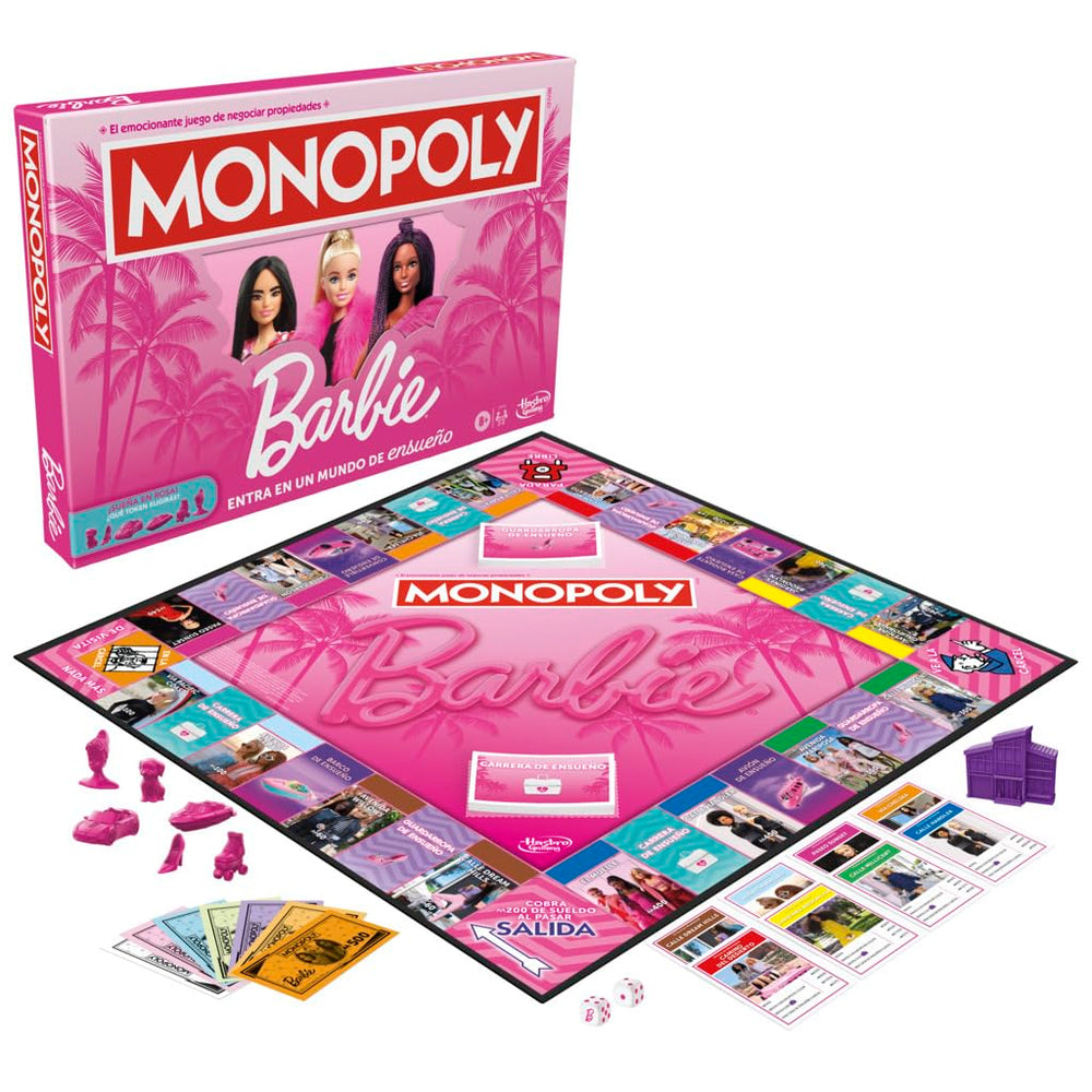 Hasbro Gaming Monopoly Barbie Fun board game pink tokens enhance gameplay with iconic Barbie flair.
