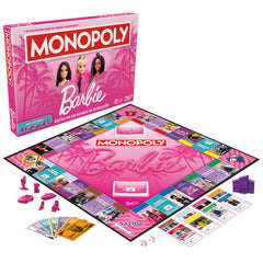 Hasbro Gaming Monopoly Barbie Fun board game pink tokens enhance gameplay with iconic Barbie flair.