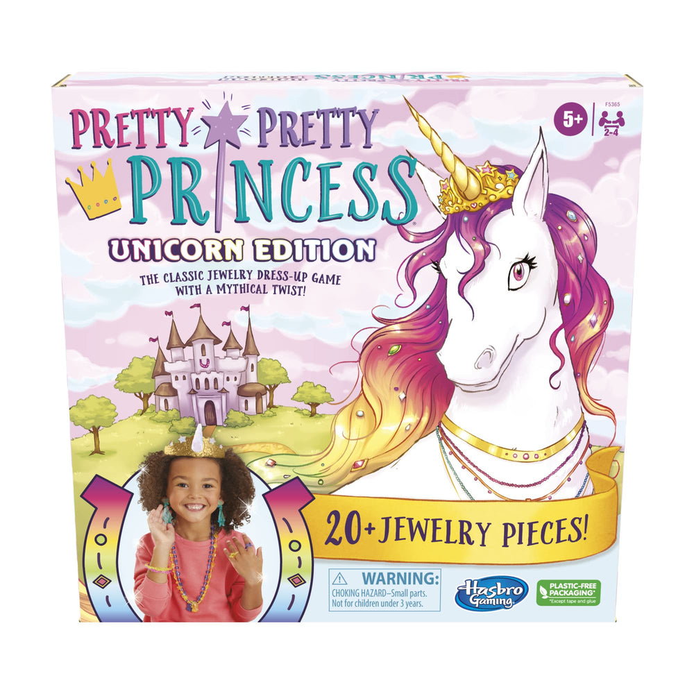Hasbro Gaming Pretty Princess Unicorn Edition pawn on a glittery board, inviting imaginative dress-up play for kids.