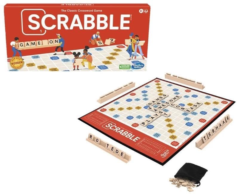 Hasbro Scrabble wooden tile racks display organized letters for quick strategy