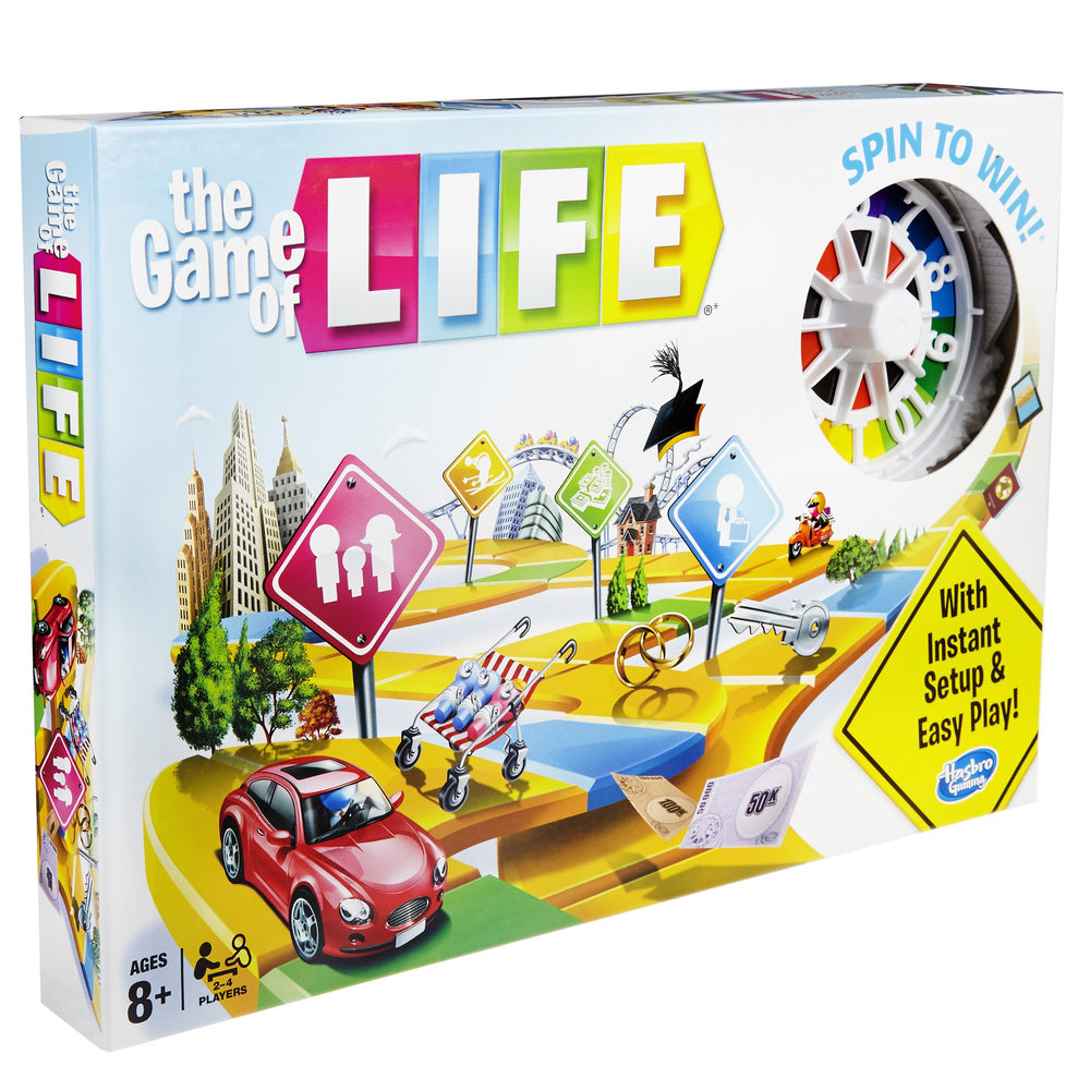 Hasbro Gaming The Game of Life money pack and cards spread for life decisions