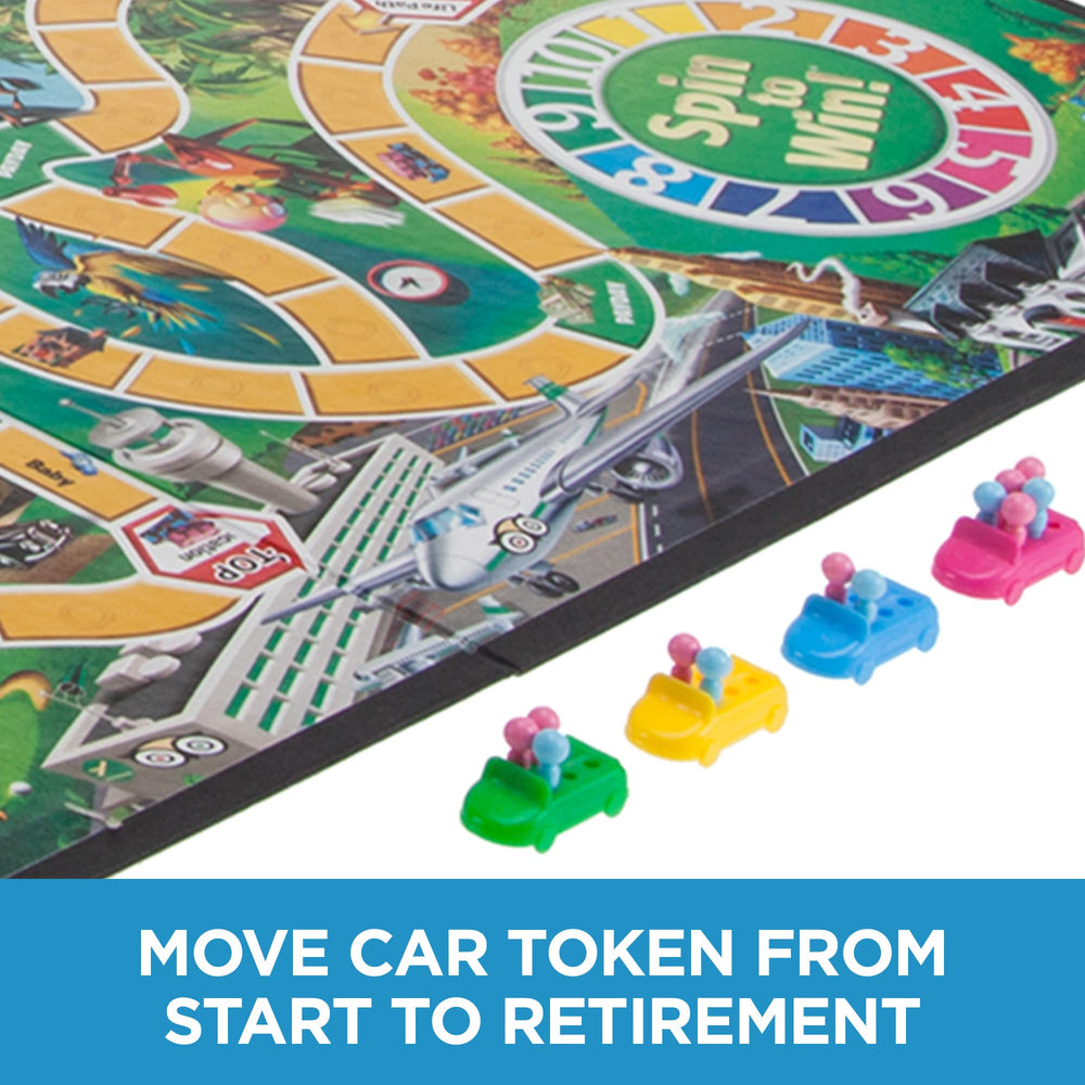 Spinner in action on Hasbro Game of Life inviting suspenseful spins.