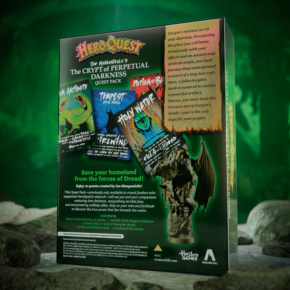 Hasbro HeroQuest crypt darkness dice provide tactile combat options for intense encounters.