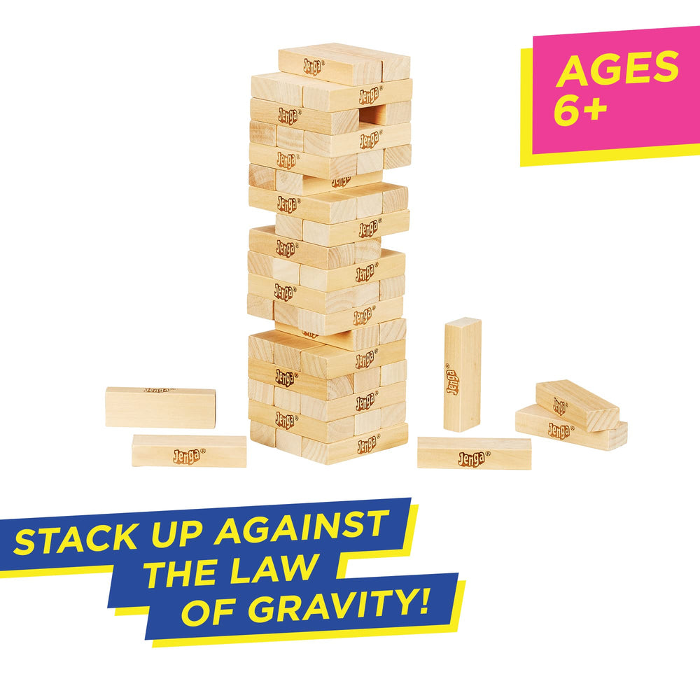 Hasbro Jenga original hardwood blocks forming a tall tower