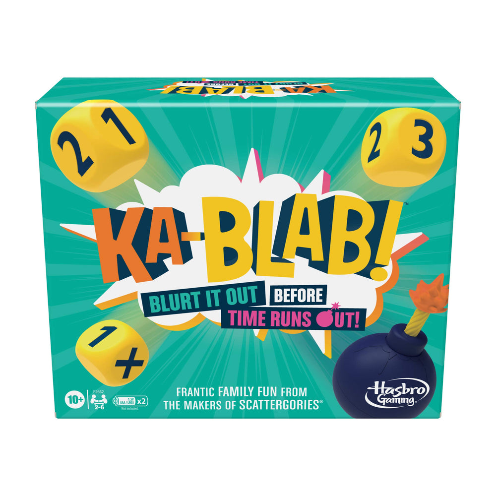 Hasbro Ka-Blab! game dice ready for fast blurting fun during family nights.