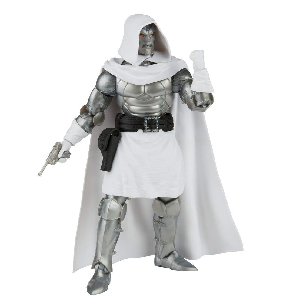Hasbro Marvel Legends Dr. Doom packaging and stand display in showroom setting.