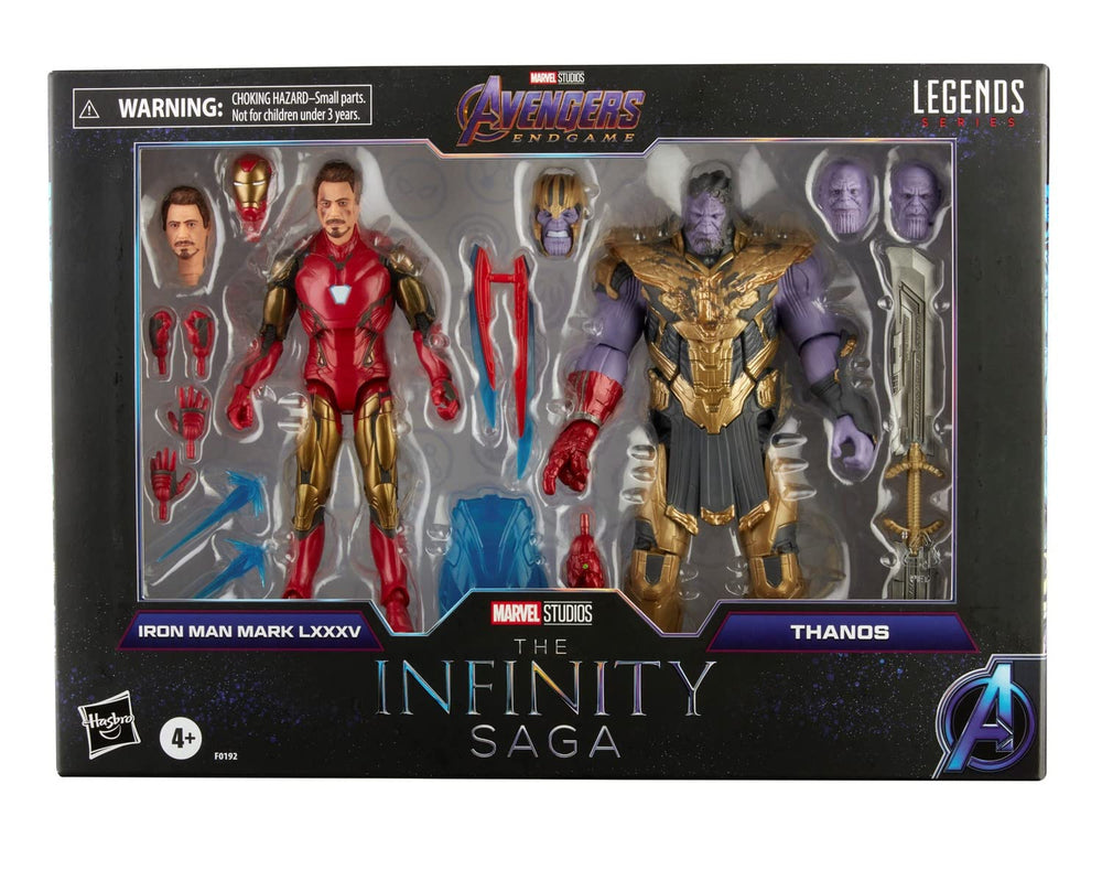 Hasbro Marvel Legends Iron Man Mark 85 vs Thanos figures for display and poseable play.