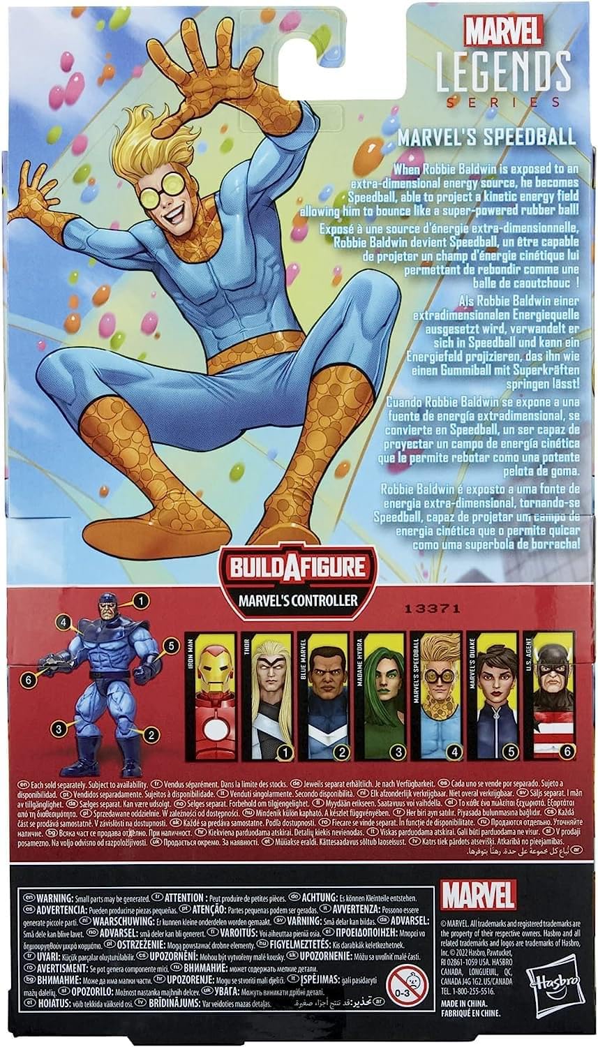 Hasbro Marvel Speedball accessories and deco shown for collection display.
