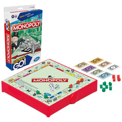 Hasbro Monopoly Grab N Go board shown in a compact travel setup for on-the-go fun