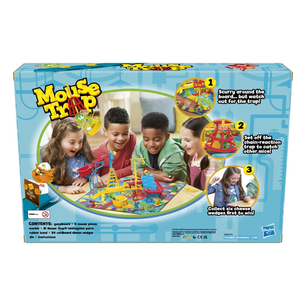 Hasbro Mouse Trap game components close-up highlights colorful pieces and ready play.