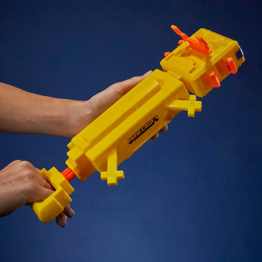 Hasbro Nerf Super Soaker Minecraft Axolotl Blaster splashes water and sparks outdoor fun