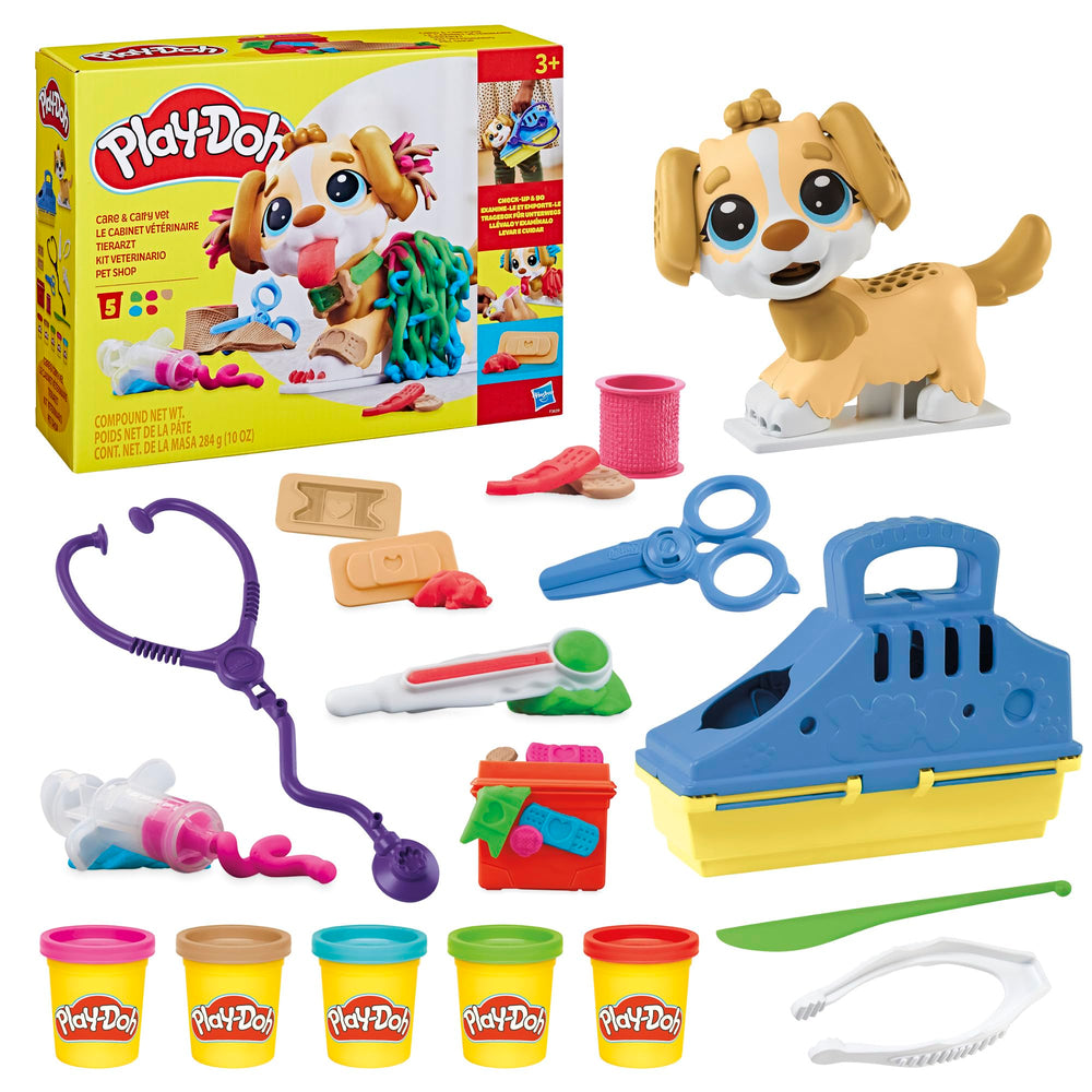 Hasbro Play-Doh Care 'n Carry Vet Playset with pup for pretend checkups.