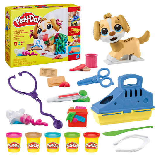 Hasbro Play-Doh Care 'n Carry Vet Playset with pup for pretend checkups.
