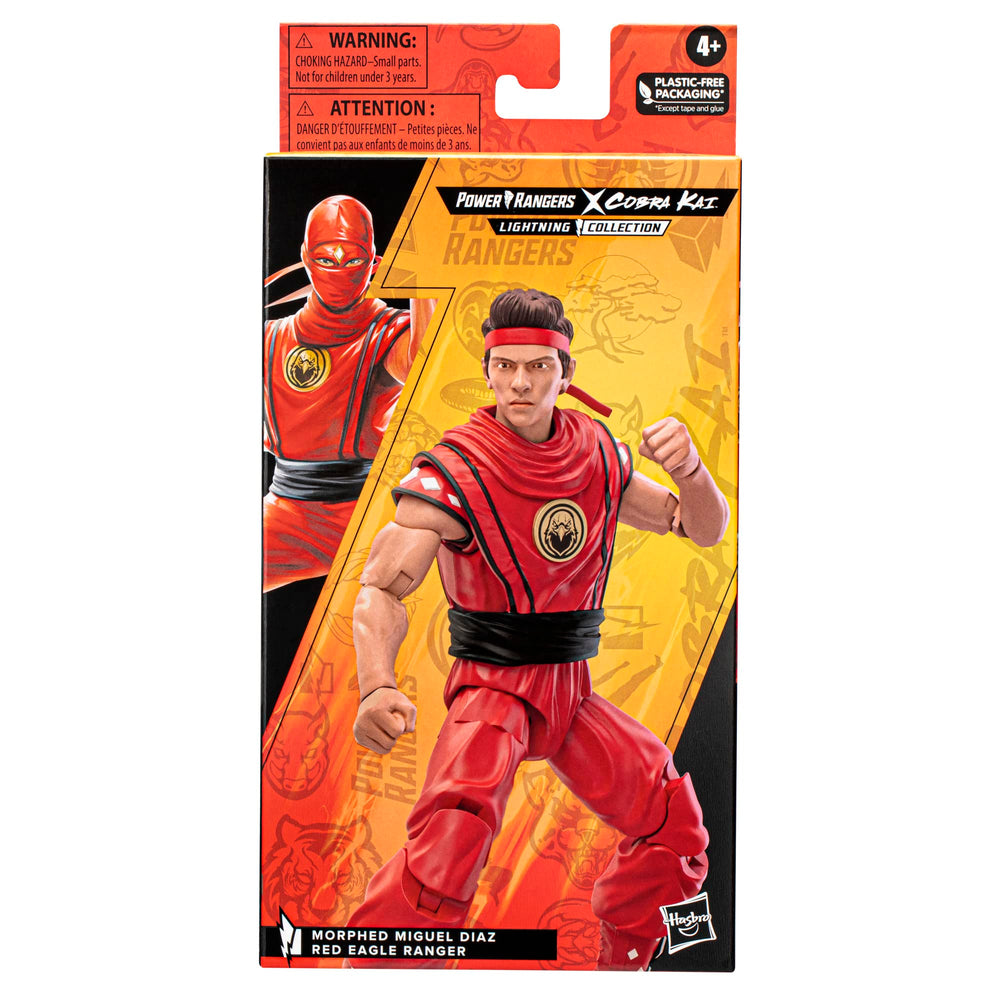 Hasbro Power Rangers Cobra Kai Morphed Miguel Diaz Red Eagle Ranger figure helmet closeup.
