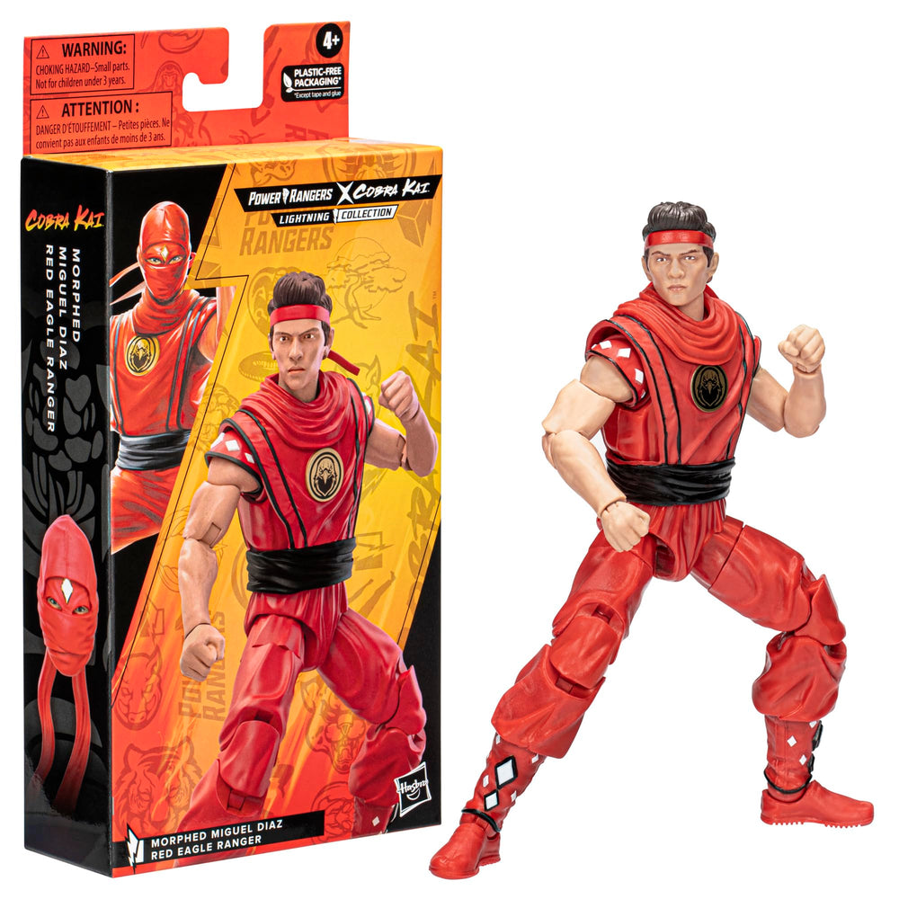 Hasbro Power Rangers Cobra Kai Morphed Miguel Diaz Red Eagle Ranger figure packaging presentation.