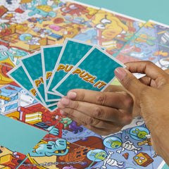 Hasbro Puzl It game: last-with-cards-win scene emphasizes endgame thrill and victory potential.