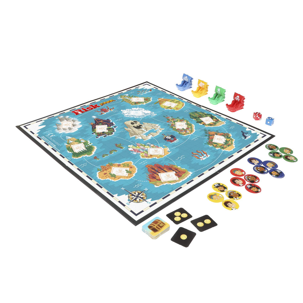 Hasbro Risk Jr treasure cards and rule sheet support easy setup for kids.