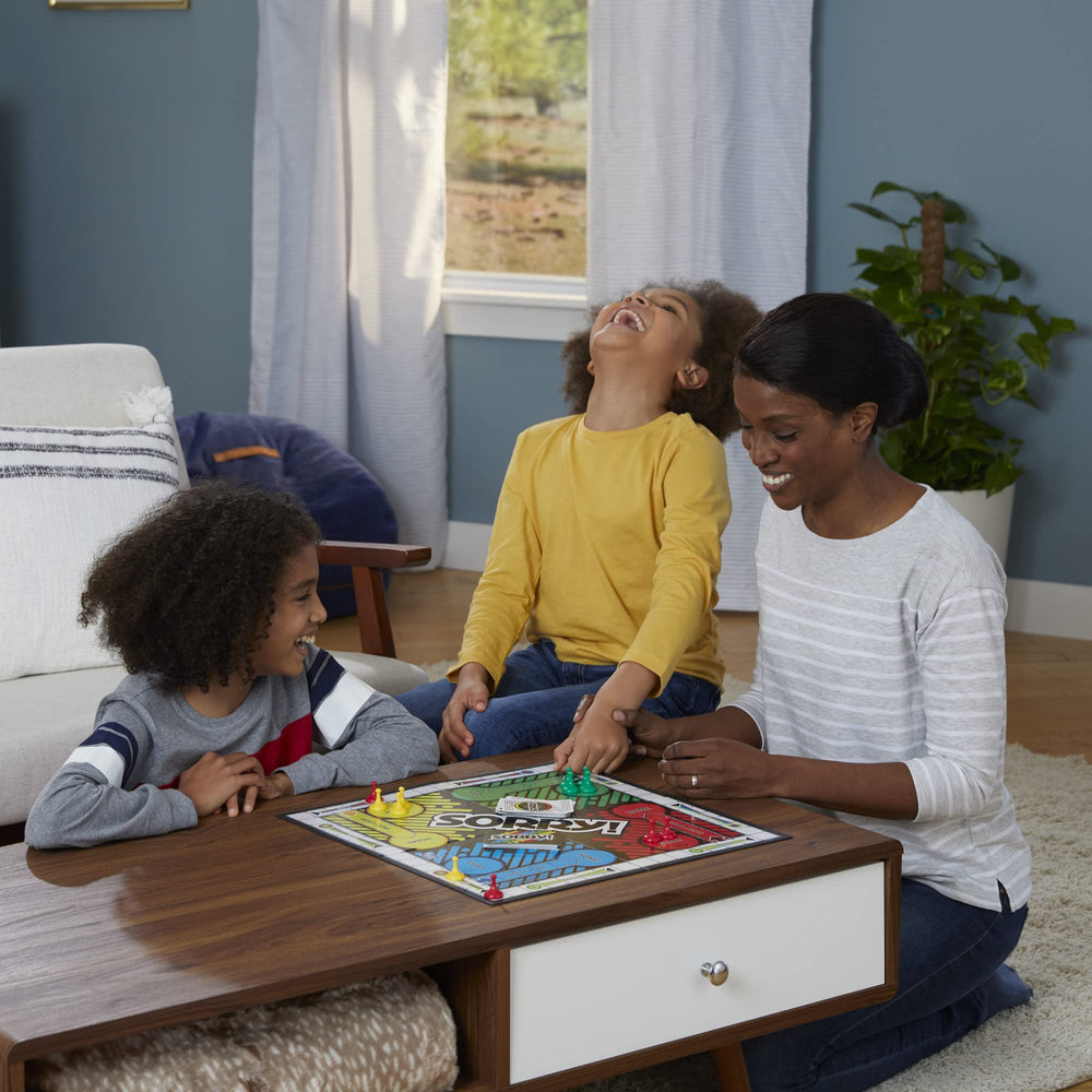 Hasbro Sorry! colorful board artwork enlarges the nostalgic play vibe.