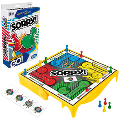 Hasbro Gaming Sorry! grab and go box cover showcases portable family fun on the move.