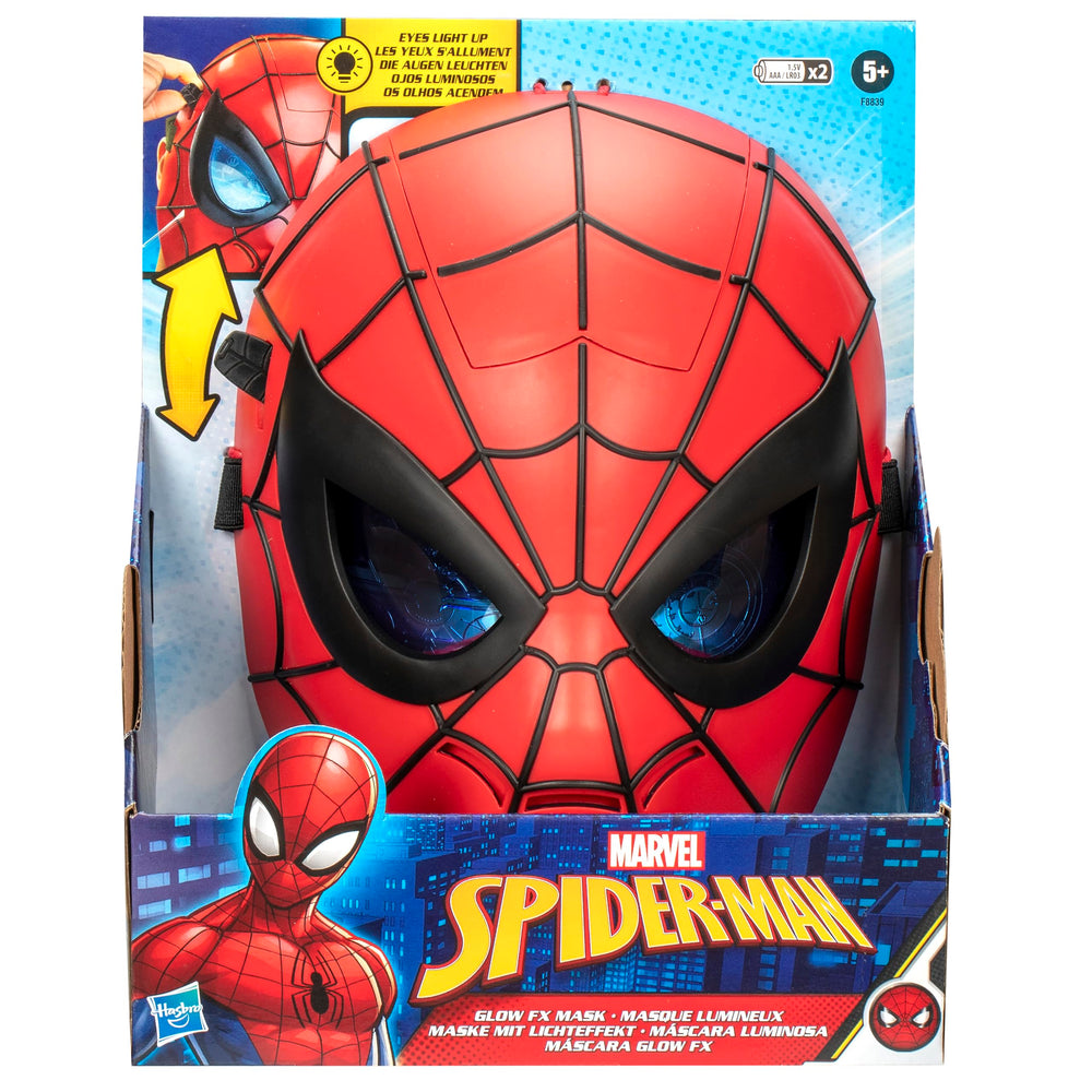 Hasbro Spider-Man Glow FX Mask eye-lens lights up for dramatic scenes.